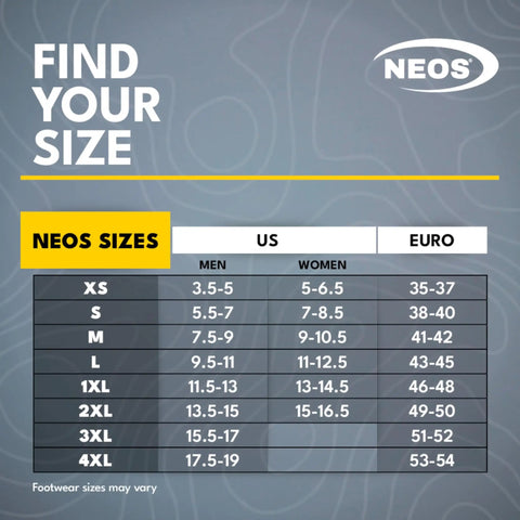 NEOS size chart for Straight Up Waterproof All Season Overshoes For Gnarly Conditions including US and Euro sizes.