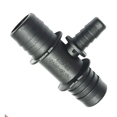 Street Tested 7/8 Inch X 7/8 Inch X 7/16 Inch Radiator Coolant Hose 3 Way Tee Connector with barbs for fluid routing.