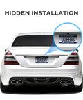 Universal Car Rear View Camera License Plate Bracket Mount With Upgraded Full Stainless Steel Construction Go To Heavy Duty Backup Camera Mount For Dash Cam Mirror Accessory Easy Install Durable License Plate Holder shown on car rear.