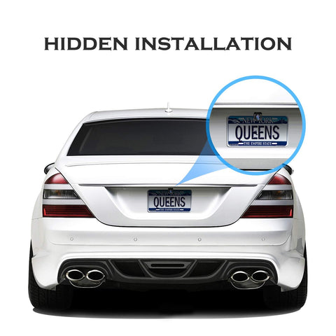 Universal Car Rear View Camera License Plate Bracket Mount With Upgraded Full Stainless Steel Construction Go To Heavy Duty Backup Camera Mount For Dash Cam Mirror Accessory Easy Install Durable License Plate Holder shown on car rear.