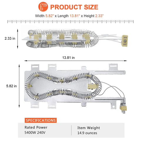 Diagram showing size and specifications of Upgraded 8544771 Dryer Heating Element Replacement Part for Whirlpool Kenmore Maytag.