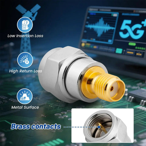8 Pack F Type to SMA Coax Adapters Gold Plated Brass RF Connectors with focus on brass contacts, low insertion loss, on circuit board