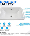 Top view of 22 Inch By 15 Inch Drop In Ceramic Bathroom Sink White Rectangle Vessel Style With Overflow No Fuss Easy Clean Semi Recessed Mount Vitreous China Smooth Glazed Finish, showing smooth glazed surface and overflow