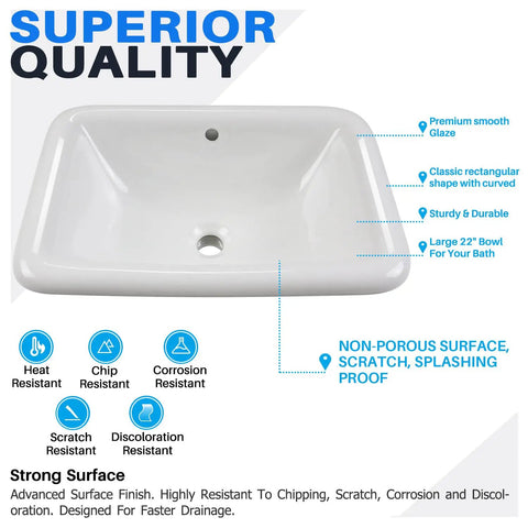 Top view of 22 Inch By 15 Inch Drop In Ceramic Bathroom Sink White Rectangle Vessel Style With Overflow No Fuss Easy Clean Semi Recessed Mount Vitreous China Smooth Glazed Finish, showing smooth glazed surface and overflow