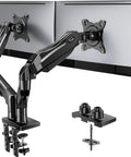FlowLift Dual Monitor Stand For 13 To 32 Inch Screens in black with adjustable arms, VESA mount, and clamp or grommet base