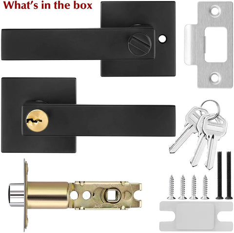 Heavy Duty Front Door Lever Handle Set With Lock In Matte Black, includes keys and installation hardware, 5 pack