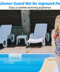 Pool Skimmer Guard Kit with Leaf Shield Net for inground pools, shown by a poolside with chairs and a woman holding a drink.
