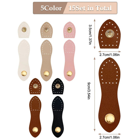 Colorful 15 Piece Leather Snap Buckles Set For Purses And Bags, Sew On Button Closures, shown in five vibrant colors with measurements