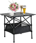 Foldable Aluminum Beach Table For Camping And Outdoors Ultra Lightweight And Rust Resistant Easy Fold And Unfold In Seconds 20 X 20 Inch Portable Camp Table With Storage Bag Ideal For Picnics Beaches Hiking And Grilling, black table with beverages and flowers