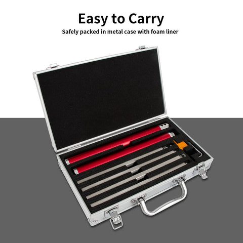 Open aluminum case showing Carbide Wood Lathe Tools 8-Piece Set With Removable Carbide Tipped Handles foam liner visible.