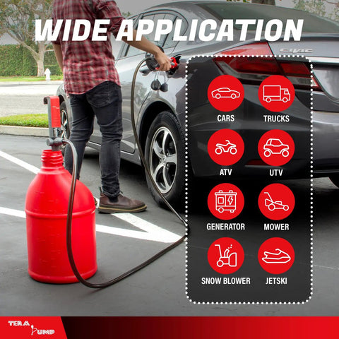 Heavy Duty Battery Operated Electric Chemical Transfer Pump With Adjustable Telescopic Suction Tube For Three To Twenty Gallon Drums Gas Cans And Pails Swivel Spout No Stress Duo Pack used to refuel a car from a red jerry can.