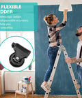 Couple using telescopic ladder with retractable wheel casters set for easy sliding upgrade for home garage jobs.
