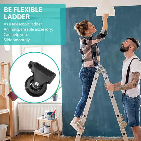 Couple using telescopic ladder with retractable wheel casters set for easy sliding upgrade for home garage jobs.