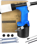 Pneumatic Blind Rivet Gun Kit With Self Priming Action Quick Change Nosepieces For Common Rivet Sizes Nineteen Millimeter Stroke
