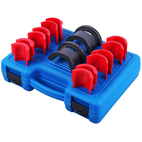 All In One Fork Seal Driver Kit For Bikes, 14 Piece Universal Fork Seal Installer And Removal Set, blue case with red adapters.