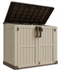 Weatherproof 36 Cu Ft Outdoor Storage Box With Lockable Doors, portable resin storage cabinet shown with open lid, side angle