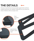 Close-up of Metal Speaker Stands Pair For Your Desk Setup And Small Bookshelf Speakers Studio Monitors And Gaming Speakers With A 15 Degree Tilt To Boost Soundstage By 20 Percent Sturdy Desk Mounts Black, highlighting foam insulation and powder-coated steel.