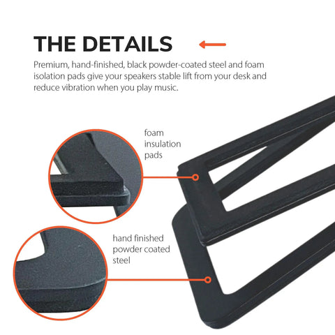 Close-up of Metal Speaker Stands Pair For Your Desk Setup And Small Bookshelf Speakers Studio Monitors And Gaming Speakers With A 15 Degree Tilt To Boost Soundstage By 20 Percent Sturdy Desk Mounts Black, highlighting foam insulation and powder-coated steel.