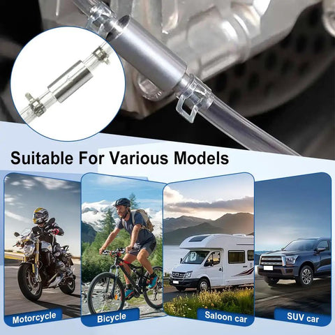 Two Pack Brake Bleeder Hose With One Way Check Valve For Motorcycle Clutch And Brake Bleeding Tool Pro Grade Hydraulic System Kit Durable Aluminum And Rubber Build Essential Motorbike Accessories, shown with applications for motorcycles, bicycles, saloon cars, and SUVs