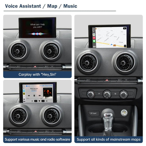 Wireless CarPlay And Android Auto Retrofit Kit For Audi A3 S3 2013 2018 interface showing navigation and music screens