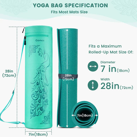 Full Zip Yoga Mat Bag Carrier With Wet Pocket And Front Zipper Pocket 28in x 7in size with mat illustration