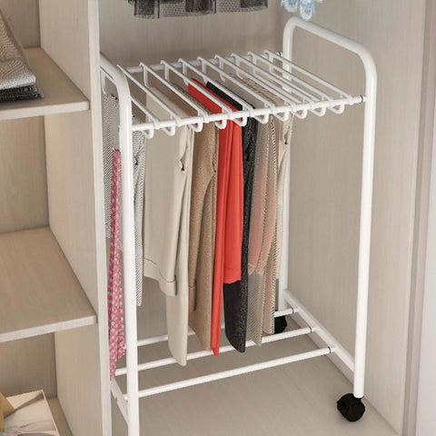 No Sweat Expandable Floor Standing Pants Hanger Trolley And Metal Garment Rack For Jeans Skirts And Trousers with hanging clothes.