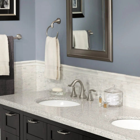 Bathroom with Eva Brushed Nickel Single Post Open Hand Towel Ring For Bathroom That Adds Quick Style With No Fuss Easy Install.