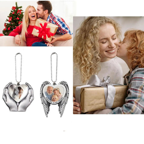 Sublimation Angel Wing Ornament Blanks Set with Metal Love Heart Pendant for Easy Personalization and DIY Photo Inserts.