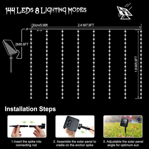 Solar Curtain Lights 7.9 Feet By 6 Feet With 144 LEDs Outdoor Waterproof Fairy String Lights installation diagram