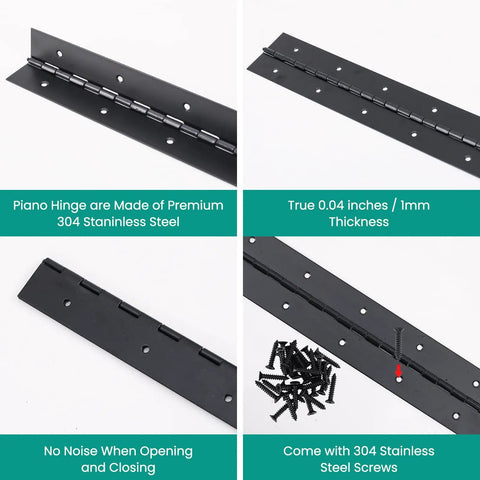 Workhorse Grade 2 Pack 12 Inch Black Heavy Duty Piano Hinge Continuous Stainless Steel Hardware For Gates Doors Shutters And Cabinetry, showing hinge design and screws.