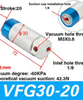 One Piece Pneumatic Arm Gripper Cylinder With Vacuum Generator And Suction Cup For Easy Auto Pick And Place Jobs, Compatible With VFG20-20-10 And VFGD30-20 VP Modules, showing side view with dimensions and threads.