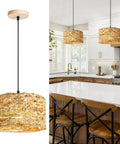 Natural Rattan Chandelier With Handwoven Wicker Pendant Light, Retro American Country Farmhouse Vibe for dining room with island seating
