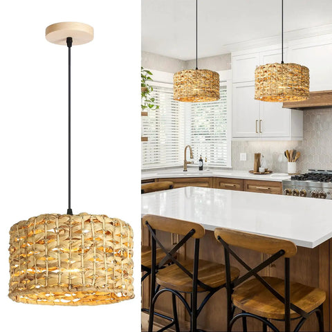 Natural Rattan Chandelier With Handwoven Wicker Pendant Light, Retro American Country Farmhouse Vibe for dining room with island seating