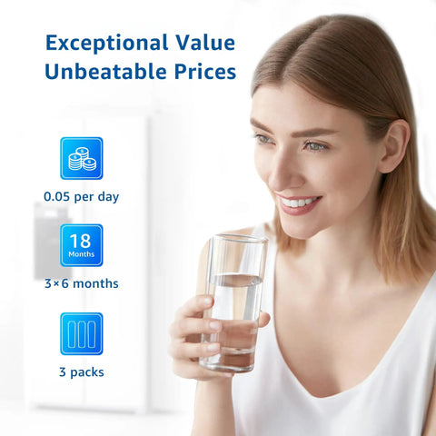 Woman drinking clean water using Premium Replacement Refrigerator Water Filter Compatible With EveryDrop 4, Whirlpool EDR4RXD1.