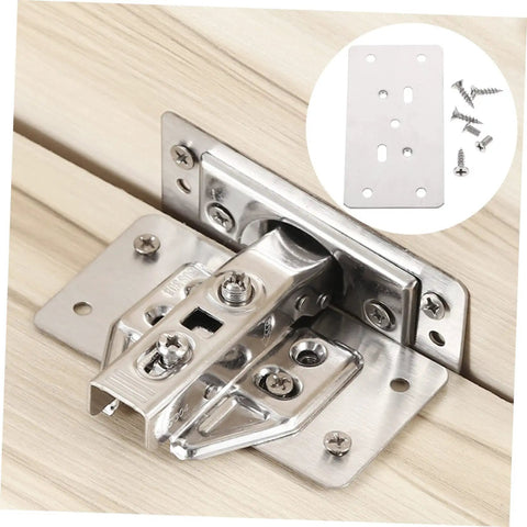 6 Pack Cabinet Hinge Repair Plates Durable Corner Hinge Plates with screws, installed on wooden cabinet, stainless steel