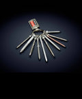 Collection of various screws organized on a keyring against a dark background