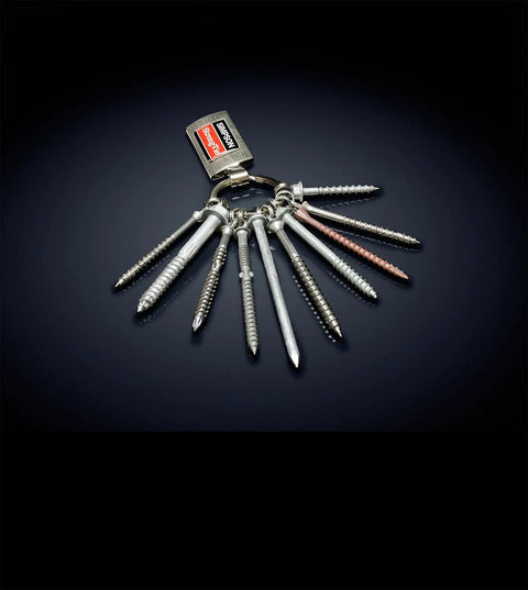 Heavy Duty Bugle Head Wood Screws Crafted From Type 316 Stainless Steel With T25 Six Lobe Drive shown on a keyring for easy access.