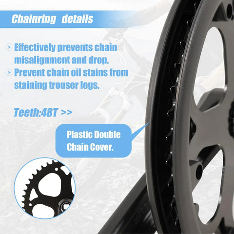 Close-up of Universal 48T 52T Crankset showing double chain guard and 48T teeth detail on E-bikes crankset.