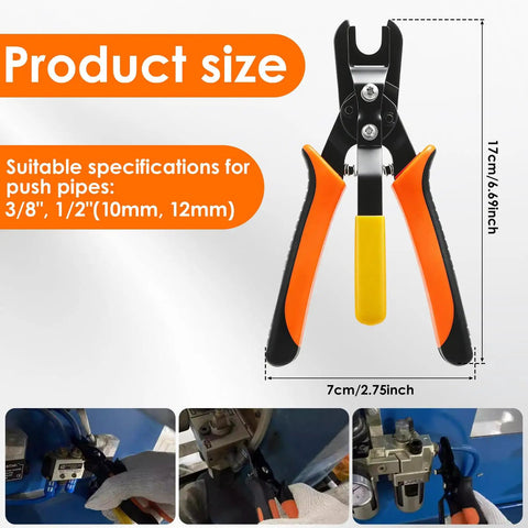 All In One Air Line Removal Tool Pliers For Push To Connect Fittings, 3/8 and 1/2 inch jaw, 10 mm and 12 mm, angled head