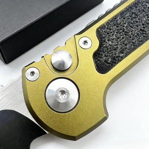 Close-up of the textured handle of the Beefy 7.9 Inch Button Lock Folding Pocket Knife With 3.4 Inch D2 Steel Half Serrated Blade