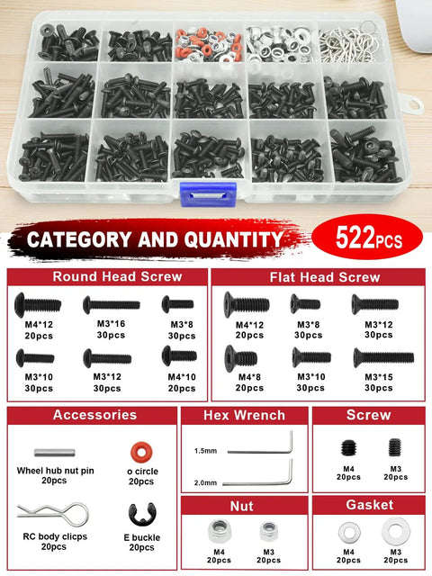 RC Tool Kit 26 Piece Set With Flathead And Phillips Screwdrivers Hex Drivers Pliers Box Wrenches showing 522 screws