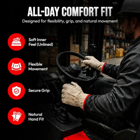 Beefy Leather Work Gloves 12 Pairs Sold By The Dozen, Split Cowhide With Keystone Thumb, in use by worker on forklift