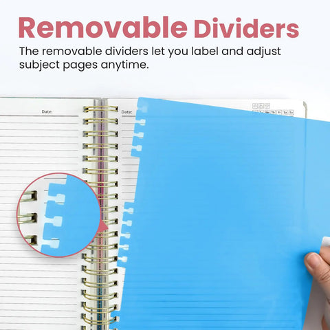 Spiral Notebook With Five Removable Dividers And Tabs, 8.5x11 Hardcover 280-Page Five Subject Journal for Women showing divider