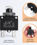 Three Pack 12 Amp Push Button Circuit Breakers With Waterproof Button Caps 125/250V AC And 32V DC Manual Reset Thermal Overload Protectors For Welding Machines Coffee Makers Vending Equipment And Home Appliances, 44.5x28x13mm