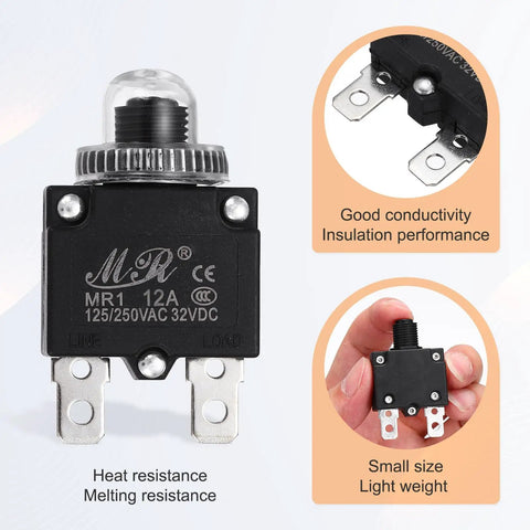 Three Pack 12 Amp Push Button Circuit Breakers With Waterproof Button Caps 125/250V AC And 32V DC Manual Reset Thermal Overload Protectors For Welding Machines Coffee Makers Vending Equipment And Home Appliances, 44.5x28x13mm