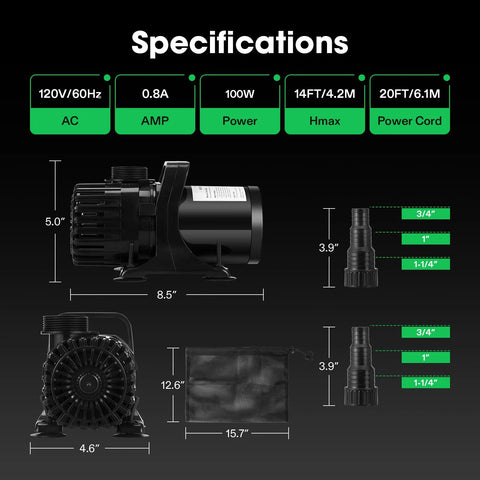 VIVOSUN 1800 GPH submersible pond pump with barrier bag, black, 100W, 14 ft max lift for ponds.