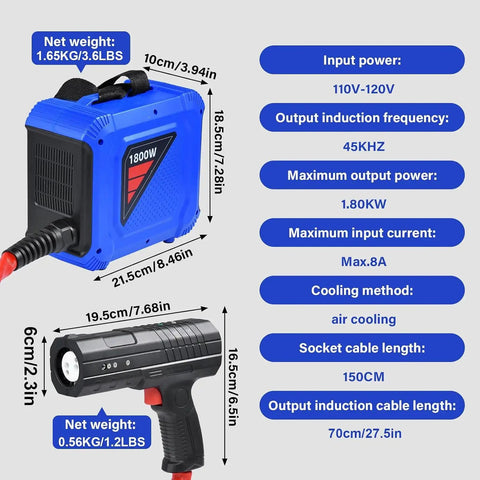 No Sweat Heavy Duty Split Induction Heater Tool With 1800W Magnetic Heating Kit showing dimensions and features for automotive repairs.