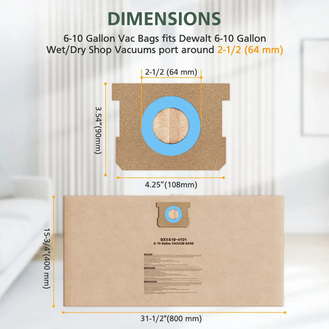 Dimensions and design of 12 Pack Vacuum Bags For 6 To 10 Gallon Wet Dry Shop Vacuums No Fuss Heavy Duty Replacement Disposable Filter Bags