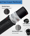 Dope 20ft Nylon Braided CPE Fuel Line Kit With Heavy Duty 6AN Fittings For High Flow Racing, Coolant Trans Oil Turbo Cooler And Car Upgrade Jobs, black braided hose close-up