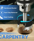 Premium High Carbon Steel Forstner Drill Bit Set For Woodworking, 16 Round Shank Bits Spanning 6 To 54 Mm cutting through wood.